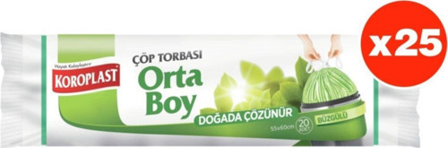 Doğada Çözünür Büzgülü Orta Boy 15li Çöp Torbası X 25 Paket (55*60 Cm)