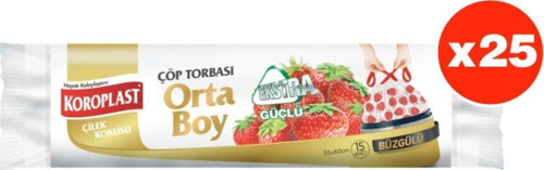 Ekstra Güçlü Çilek Büzgülü Orta Boy 15li Çöp Torbası X 25 Paket (55*60 Cm)