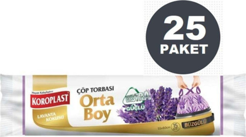 Ekstra Güçlü Lavanta Büzgülü Orta Boy Çöp Torbası 15li X 25 Paket (55x60 cm)