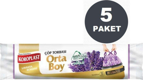 Ekstra Güçlü Lavanta Büzgülü Orta Boy Çöp Torbası 15'li X 5 Paket (55x60 cm)