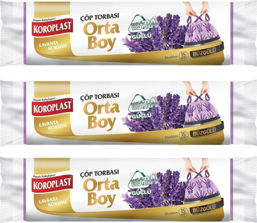 Ekstra Güçlü Lavanta Büzgülü Orta Boy Çöp Torbası 15'li X 3 Paket