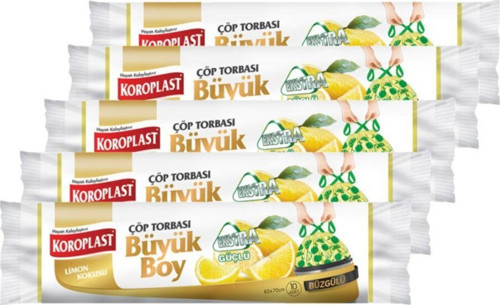 Koroplast Ekstra Güçlü Büyük Boy Limon Kokulu Büzgülü Çöp Torbası 65x70cm - 10'lu X 5 adet