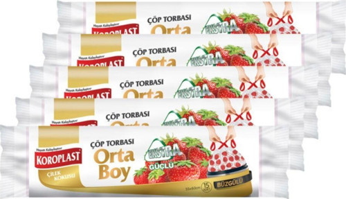 Koroplast Ekstra Güçlü Orta Boy Çilek Kokulu Büzgülü Çöp Torbası 55x60cm - 15'li X 5 ad.
