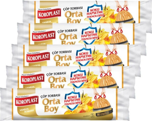 Koroplast Koku Hapsetmeli Orta Boy Vanilya Kokulu Büzgülü Çöp Torbası 55x60cm - 15'li X 5 ad.