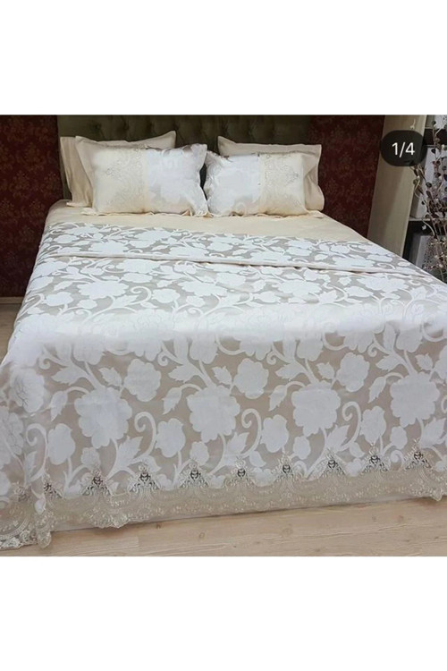 Ahu Lüks Güpürlü Polyester Pamuk Kumaş Bej Pike Takımı 6 Parça 45