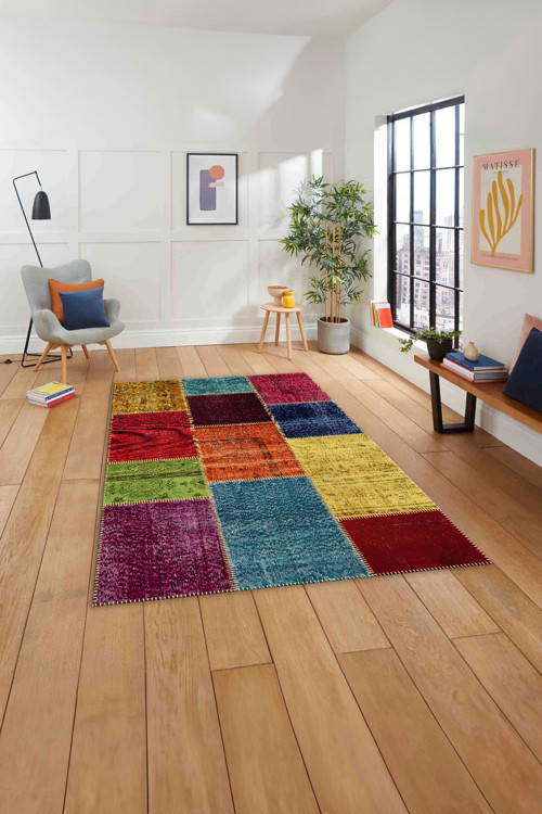 Baskılı Patchwork Etnik Görünüm Yıkanabilir Kaymaz Taban Yolluk Mutfak Salon Halısı