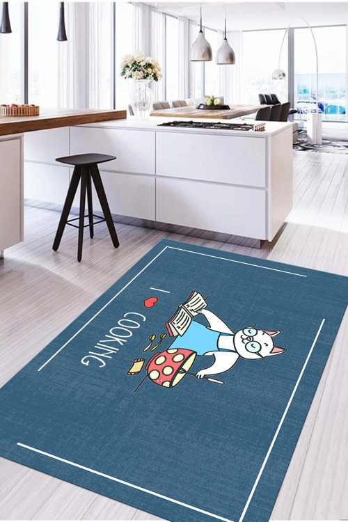 Baskılı Yemek Pişiren Kedi Motifli Yıkanabilir Kaymaz Taban Yolluk Salon Mutfak Halısı