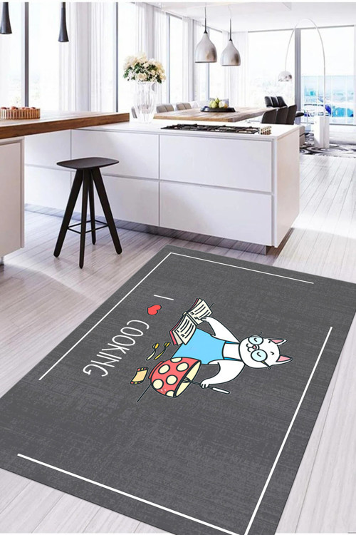 Baskılı Yemek Pişiren Kedi Motifli Yıkanabilir Kaymaz Taban Yolluk Salon Mutfak Halısı