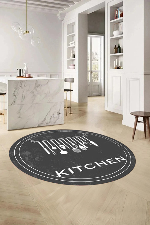 Baskılı Çatal Bıçak Desen Kitchen Yazılı Yıkanabilir Yuvarlak Mutfak Halısı