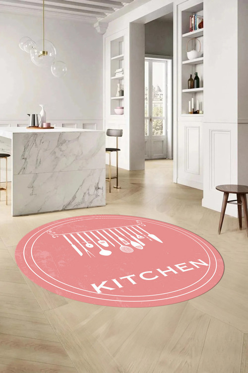 Baskılı Çatal Bıçak Desen Kitchen Yazılı Yıkanabilir Yuvarlak Mutfak Halısı