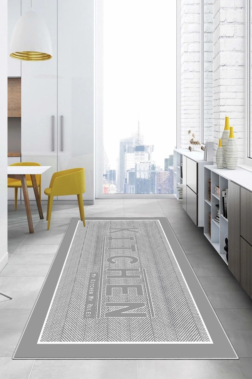 Baskılı Kitchen Yazı Desenli Yıkanabilir Kaymaz Taban Yolluk Salon Mutfak Halısı
