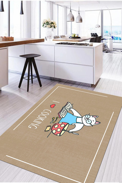 Baskılı Yemek Pişiren Kedi Motifli Yıkanabilir Kaymaz Taban Yolluk Salon Mutfak Halısı