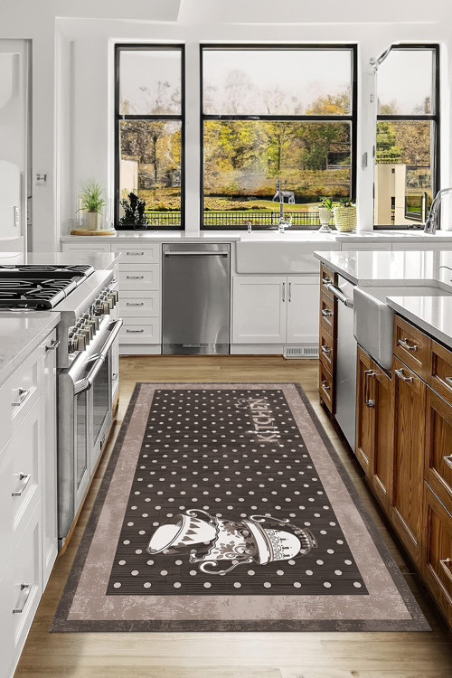 Baskılı Fincan Desenli Kitchen Yazılı Yıkanabilir Kaymaz Taban Salon Mutfak Halısı