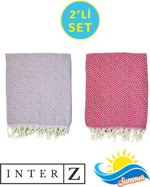 2'li Set Peştemal Plaj Havlusu , %100 Pamuk , Xxl 100x180cm, Bodrum Lila-Fuşya