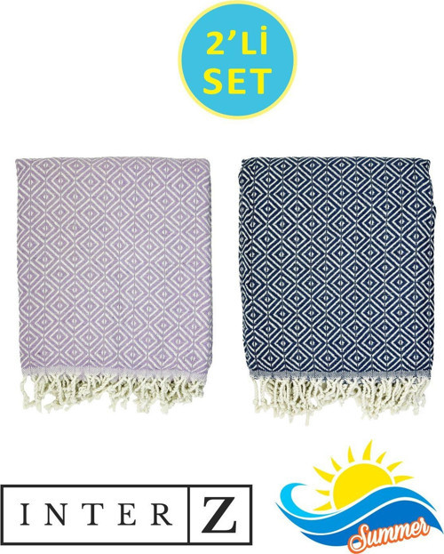 2'li Set Peştemal Plaj Havlusu , %100 Pamuk , Xxl 100x180cm, Bodrum Lila-Petrol