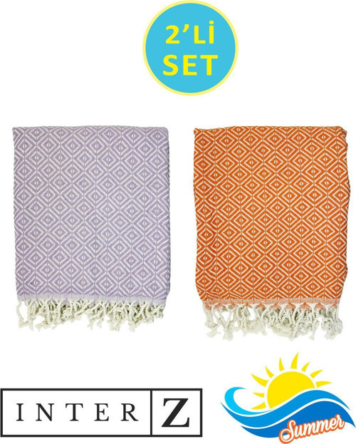 2'li Set Peştemal Plaj Havlusu , %100 Pamuk , Xxl 100x180cm, Bodrum Lila-Turuncu