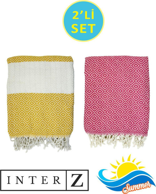2'li Set Peştemal Plaj Havlusu , %100 Pamuk , Xxl 100x180cm, Bodrum Sarı Beyaz- Fuşya