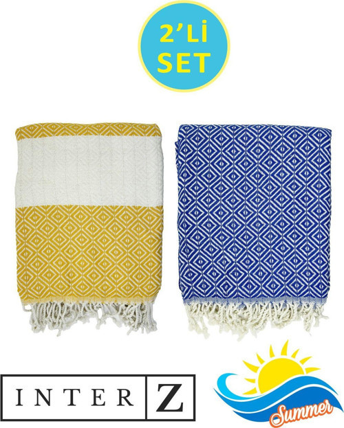2'li Set Peştemal Plaj Havlusu , %100 Pamuk , Xxl 100x180cm, Bodrum Sarı Beyaz-Lacivert