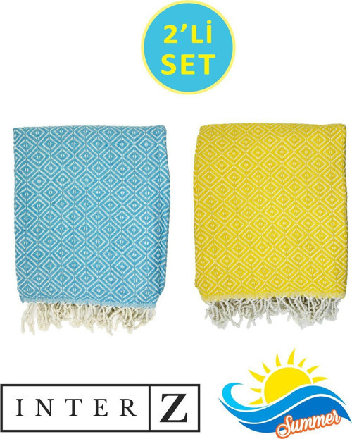2'li Set Peştemal Plaj Havlusu , %100 Pamuk , Xxl 100x180cm, Bodrum Sarı-Turkuaz