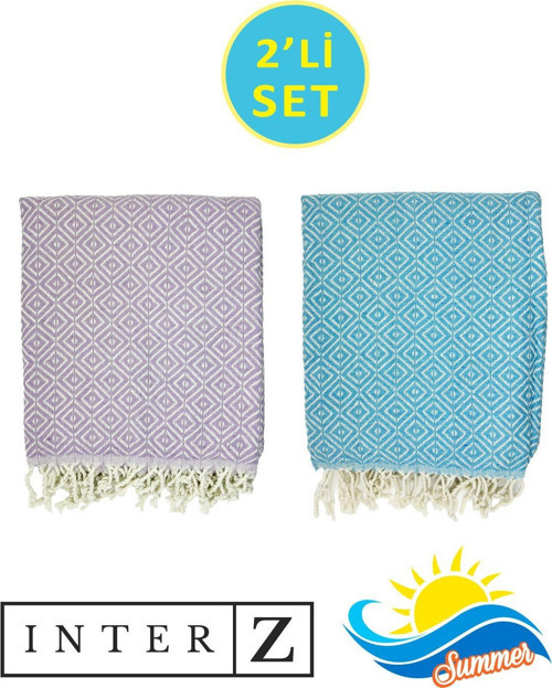2'li Set Peştemal Plaj Havlusu , %100 Pamuk , Xxl 100x180cm, Bodrum Turkuaz-Lila
