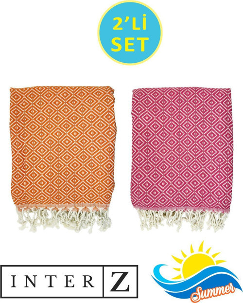 2'li Set Peştemal Plaj Havlusu , %100 Pamuk , Xxl 100x180cm, Bodrum Turuncu-Fuşya