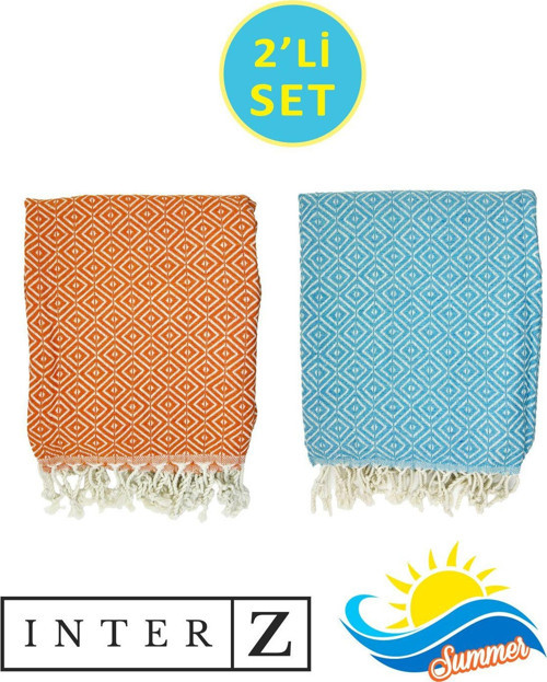 2'li Set Peştemal Plaj Havlusu , %100 Pamuk , Xxl 100x180cm, Bodrum Turuncu-Turkuaz