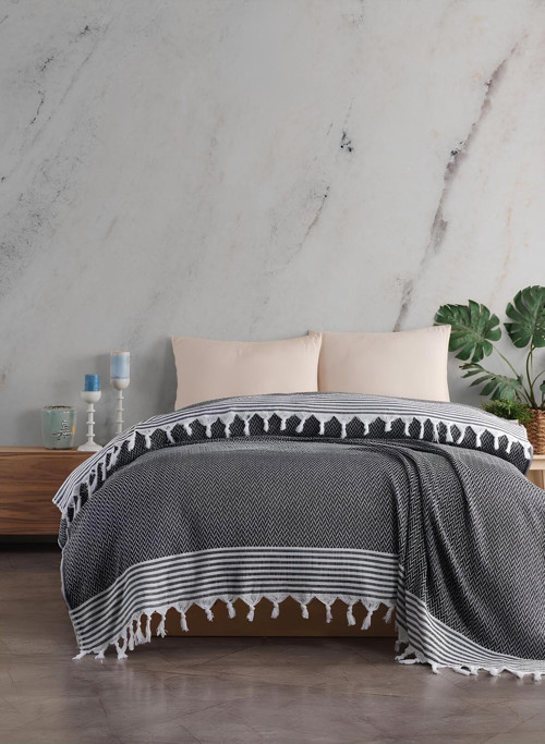 Tek Kişilik Pike Antik Desen Laodikya 160x230 Cm, Siyah Siyah