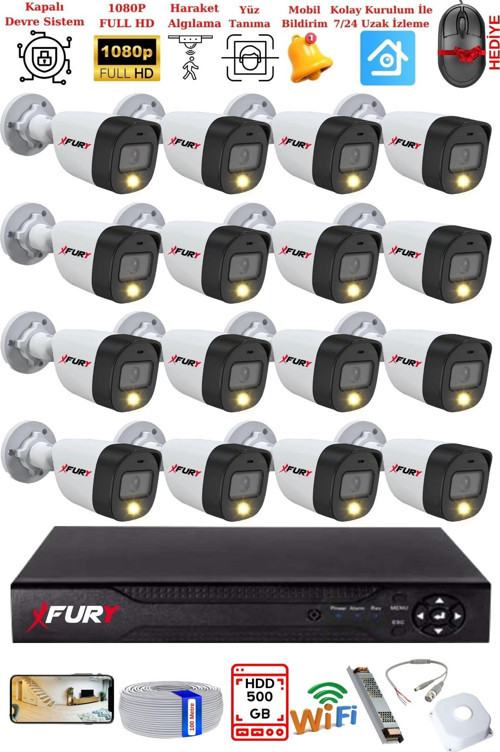16 Kameralı 5Mp Lens 2 Mp Görüntü Gece Renkli Full Hd Ultra Led Akıllı Güvenlik Kamerası Seti 500GB