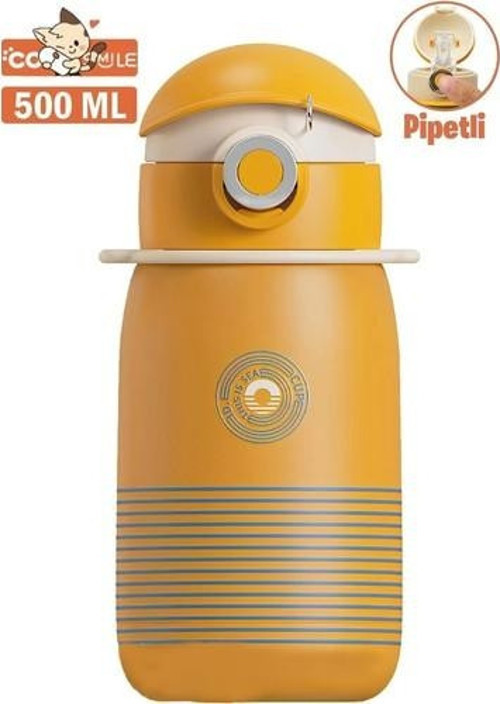 Cocosmile 500ML Yeni Koleksiyon Çizgi Desenli Pipetli Askılı Çelik Termos Çocuk Matarası Sarı SM-CS-0003