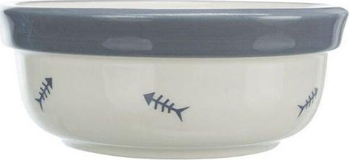 Kedi Mama ve Su Kabı, Seramik, 0,3lt / 12cm, Beyaz/Mavi-Gri