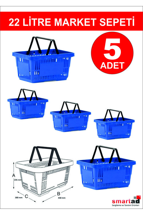 Dekorlife 22 Litre 5 Adet Market Sepeti, Alışveriş Sepeti, Saplı Market Sepeti Mavi