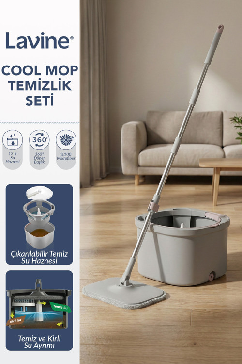 Lavine Cool Mop %100 Temiz Suyla Kirli Suyu Ayıran Otomatik Temizlik Seti Mikrofiber Bez