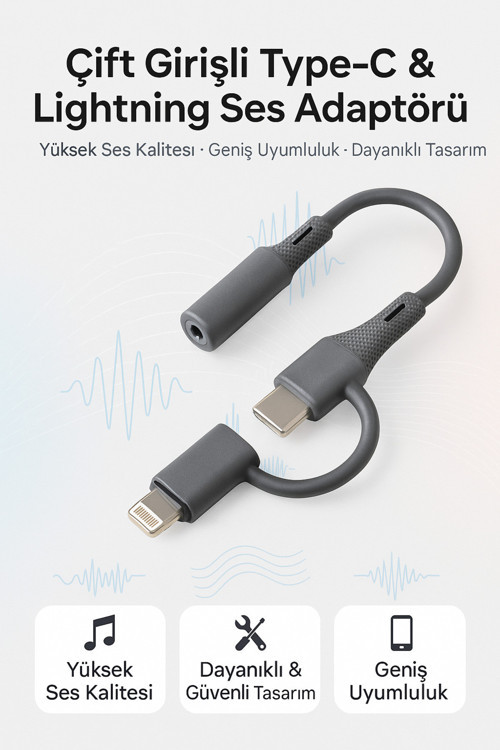 Type-C + Lightning To 3.5Mm Adaptör Araba, Kulaklık, Ev Ses Sistemleri İle Uyumlu | Sx-152