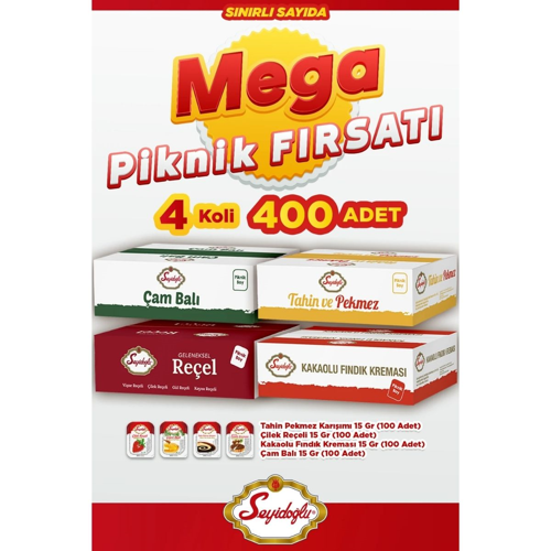 Çam Balı, Fındık Kreması, Çilek Reçeli ve Tahin Pekmez 15 gr x100'lük Mini Paket Seti