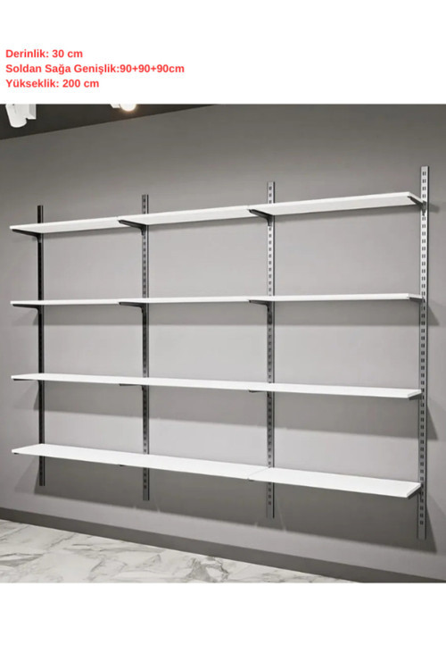 4 Katlı Duvara Monte Ahşap Raf & Konik Dikmeye Ahşap Raf 30X270X200Cm
