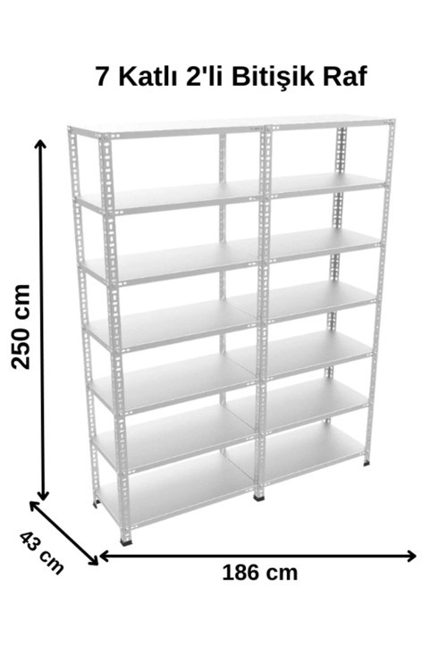 7 Katlı Duble 2'Li Galvaniz Çelik Raf - Depo, Arşiv, Kiler, Dosya, Market Rafı 43X93X250Cm