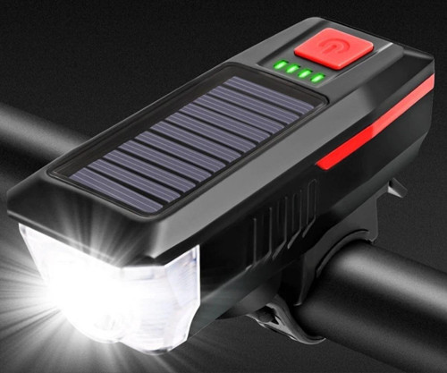 Solar Enerjili Usb Ile Şarj Edilebilir Ledli Bisiklet Feneri Kornalı Ve Su Geçirmez Far