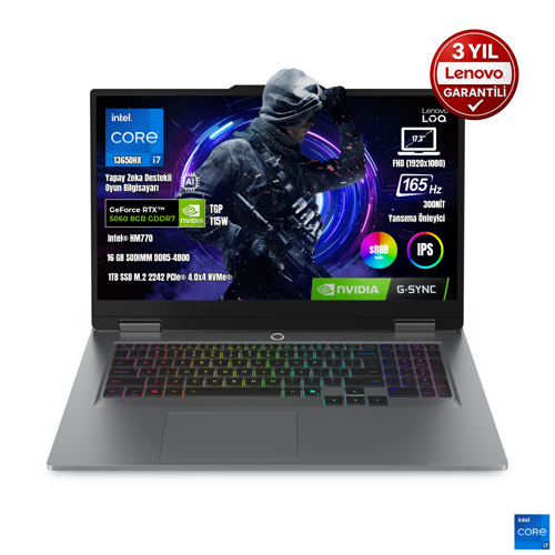 LOQ 17IRX10 83JH00CNTR i7-13650HX 16GB DDR5 1TB SSD RTX5060 8GB TGP 115W 17.3" IPS 165Hz FreeDos Taşınabilir Bilgisayar