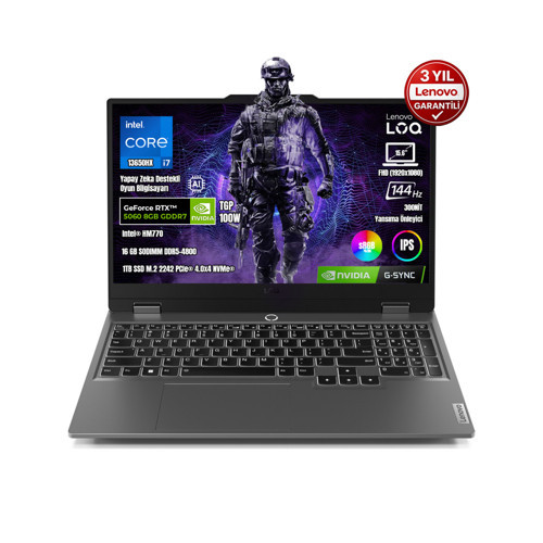 LOQ 15IRX10 83JE00JQTR I7-13650HX 16GB DDR5 1TB SSD RTX5060 8GB TGP 100W 15.6" IPS 144Hz Freedos Taşınabilir Bilgisayar