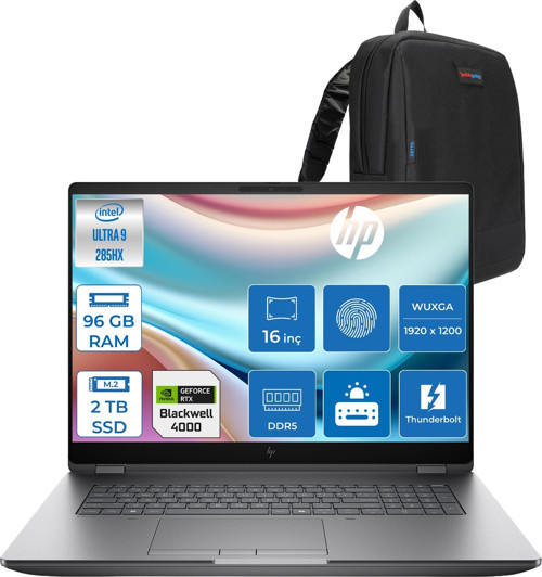 Zbook Fury G1I Intel Ultra 9 285HX Ddr5 96GB 2tb SSD 16GB/RTXPRO4000 Blackwell Wuxga (1920 x 1200) IPS 400NIT Wi-Fi7+Bt 5.4 Freedos Aı Iş Istasyonu 5F9Q9ESF31 + Zettaçanta