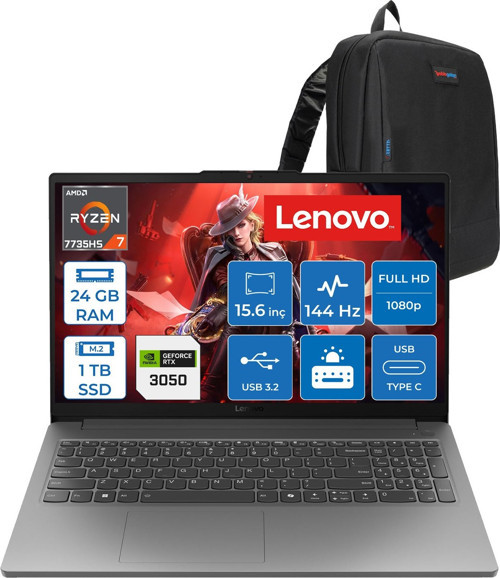 Loq Essential 15ARP10 Amd Ryzen 7 7735HS 24GB 1tb SSD 6GB/RTX3050/65W 15.6" Fhd IPS 300NITS, 100% Srgb 144Hz Freedos Gaming Bilgisayar 83S00033TRF06 + Zettaçanta