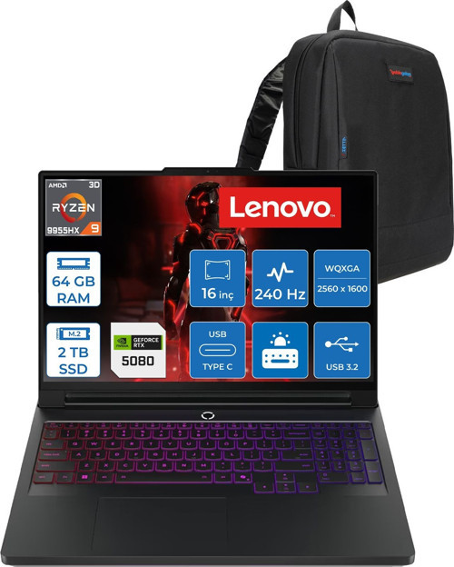Legion Pro 7 Amd Ryzen 9 9955HX3D 64GB 2tb SSD 16GB/RTX5080/175W 16" Wqxga (2560X1600) OLED 1000NITS 240Hz Freedos Gaming Bilgisayar L83RU0031TRF23 + Zettaçanta