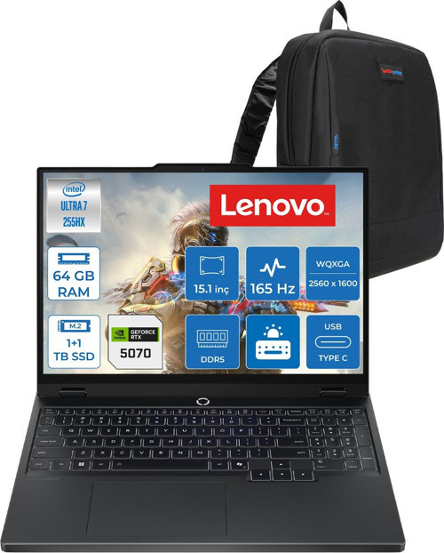 Legion 5 15IAX10 Intel Core Ultra 7 255HX Ddr5 64GB 1tb Ssd+1tbssd RTX5070/8GB/115W 15.1" Wqxga (2560X1600) OLED 1000NITS 165Hz Freedos Gaming Laptop 83F0008BTRF28+ZETTAÇANTA