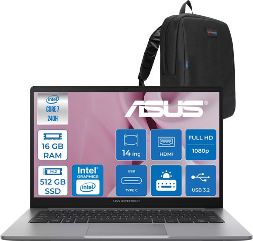 Expertbook P1 P1403CVA Intel® Core™ 7 240H 16GB Ddr5 512GB SSD 14"fhd (1920 x 1080) 300NITS Freedos Taşınabilir Bilgisayar PC716512G0DF02+ZETTAÇANTA