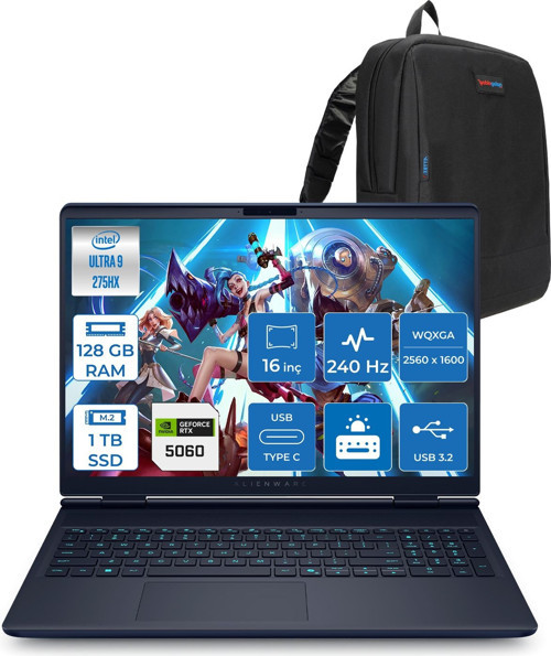 Alienware 16X Aurora AC16251 Ultra 9 275HX Ddr5 128GB 1tb SSD 8GB/RTX5060 115W 16INÇ Wqxga 240Hz 500NITS Freedos Gaming Laptop AC162515060F51+ZETTAÇANTA