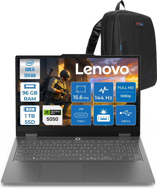 Loq Essential 15IRX11 Intel Core I5 13450HX 96GB 512GB+512GB SSD 8GB/RTX5050/65W 15.6" Fhd (1920X1080) IPS 300NITS 144Hz Freedos Gaming Bilgisayar 83SC000QTRF40 + Zettaçanta