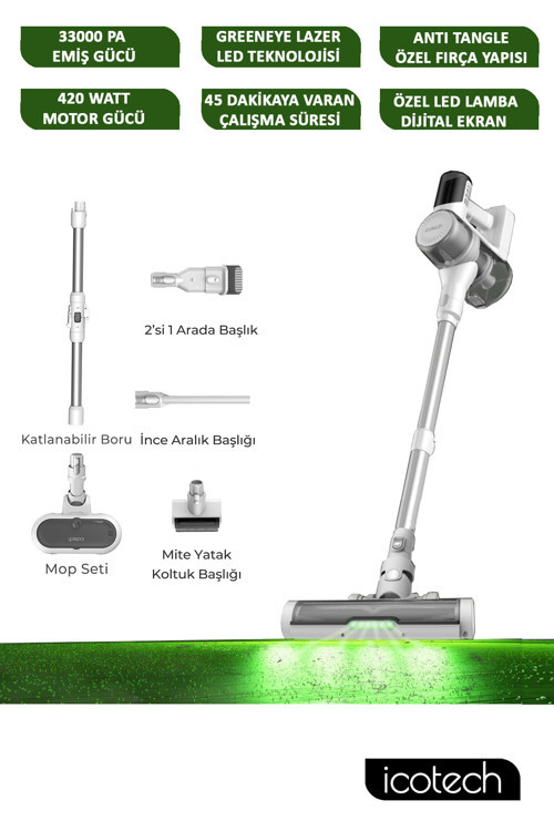 İcotech F30 Max 33Kpa Greeneye Lazer Teknoloji Şarjlı Dikey Süpürge