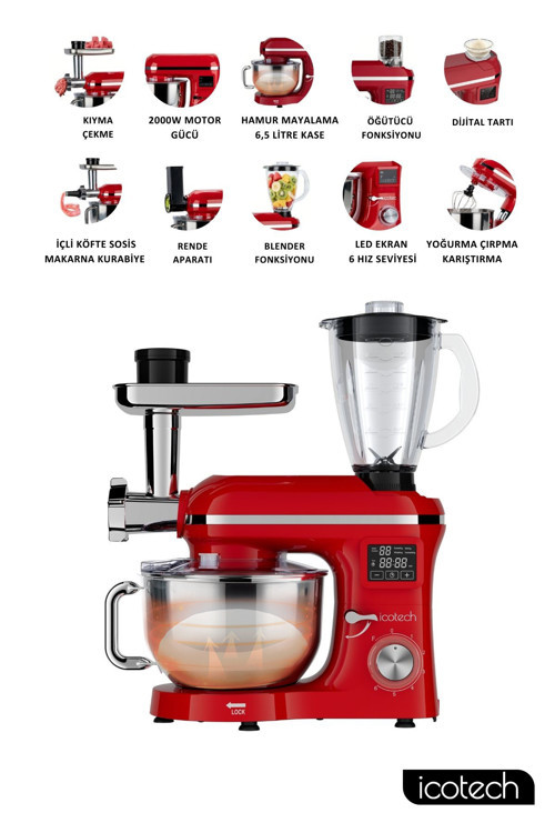İcotech Sm50 Kırmızı 2000W 6,5 Lt Ekranlı Hamur Mayalama Kıyma Çekme Blender Stand Mikser Mutfak Şefi