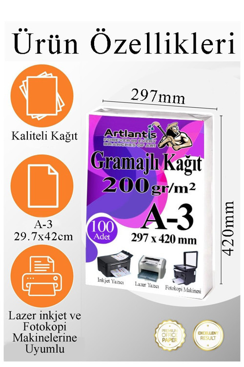 A3 Gramajlı Fotokopi Kağıdı 50 Adet 200 gr Sertifika Kağıdı Kalın Kağıt Baskı Tüm Yazıcılara Uyumlu 29.7x42cm Ofis Büro