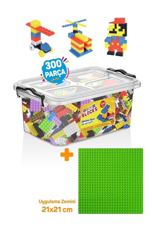 Yeşil Uygulama Zeminli Mikro Blok Funny Blocks 300 Parça Plastik Kutulu